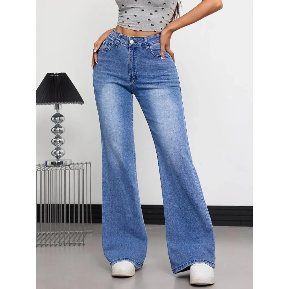 Women's Stretchy High Waisted Bootcut Jeans Retro Flare Wide Leg Pants